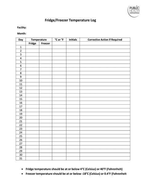 Printable Fridge And Freezer Temperature Log Sheet