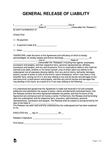 Printable General Release Of Liability Form