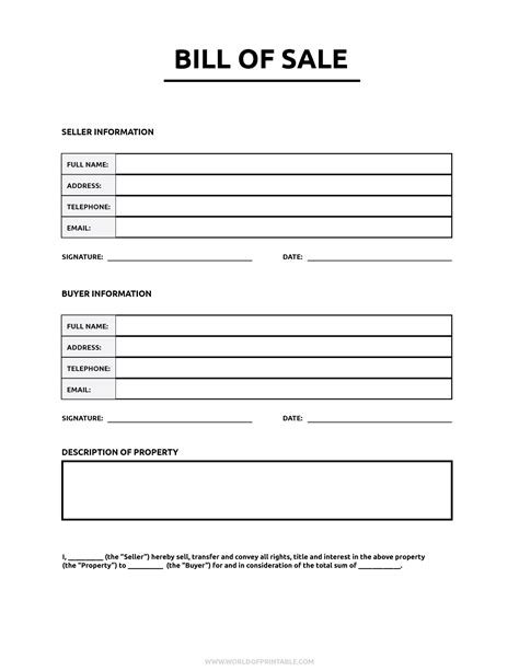 Printable Generic Bill Of Sale Template