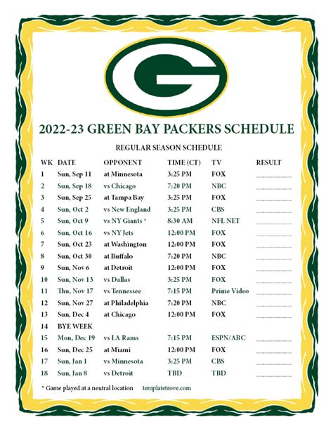 Printable Green Bay Packers Schedule 2022