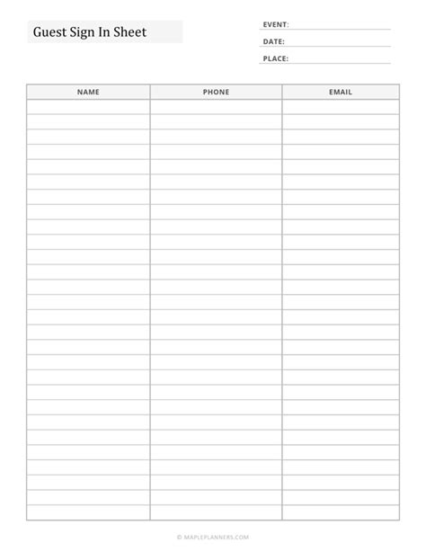 Printable Guest Sign In Sheet Template