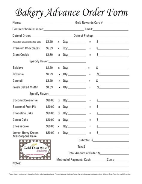 Printable Home Bakery Order Form Pdf