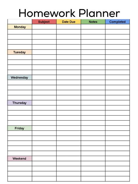 Printable Homework Schedule