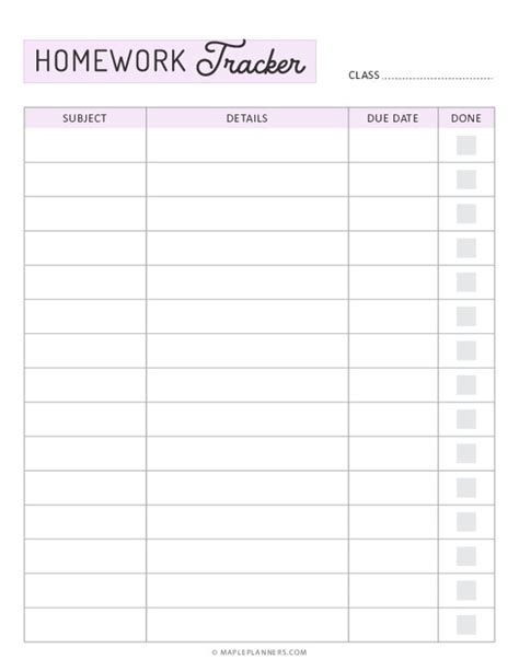 Printable Homework Tracker Planning
