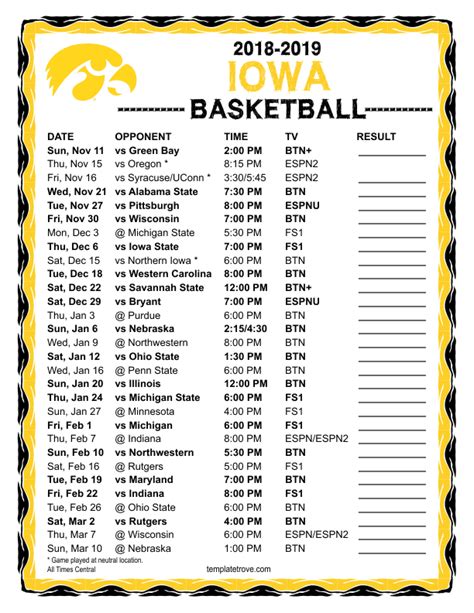 Printable Iowa Women's Basketball Schedule