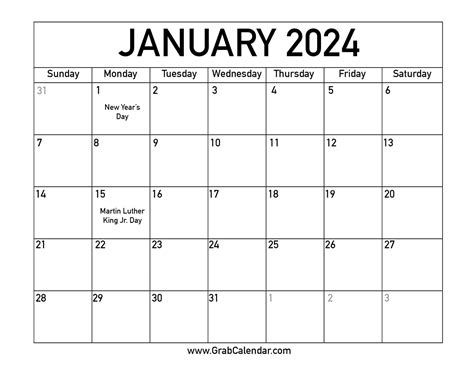 Printable January 2024 Calendar With Holidays
