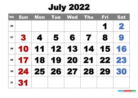 Printable July 2022 Monthly Calendar