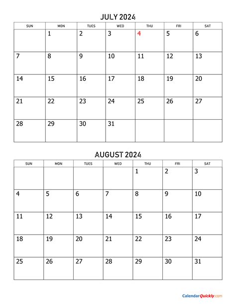 Printable July And August 2024 Calendar