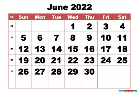 Printable June 22 Calendar