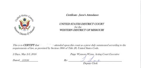 Printable Jury Duty Certificate Of Attendance