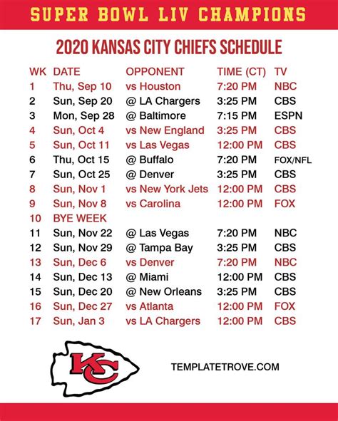 Printable Kansas City Chiefs Schedule