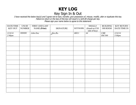 Printable Key Log Template