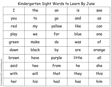 Printable Kindergarten Sight Words List