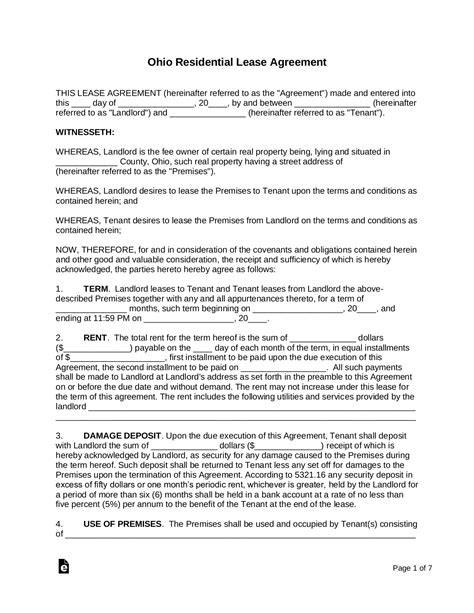 Printable Lease Agreement Ohio