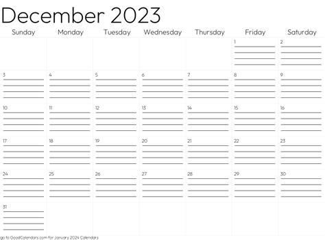 Printable Lined Calendar 2023