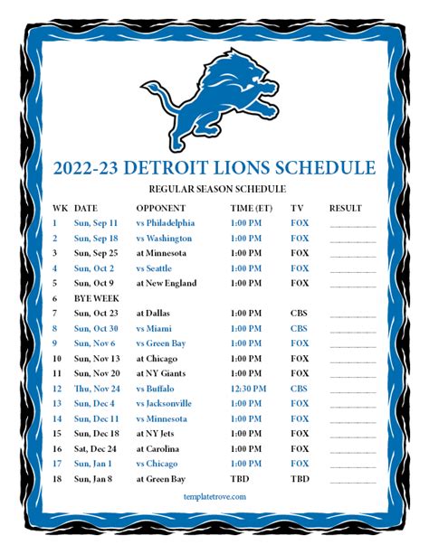 Printable Lions Schedule 2022