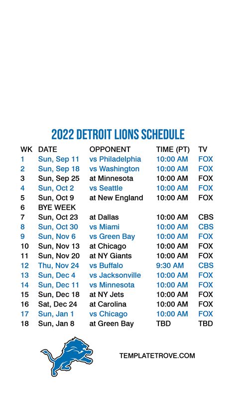 Printable Lions Schedule 2023
