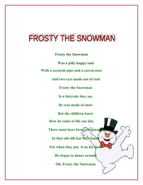 Printable Lyrics To Frosty The Snowman