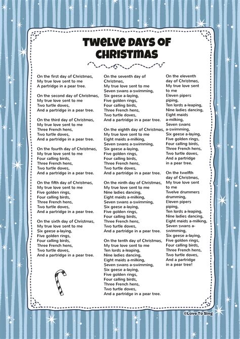 Printable Lyrics To The 12 Days Of Christmas Song