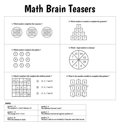 Printable Math Brain Teasers For Kids