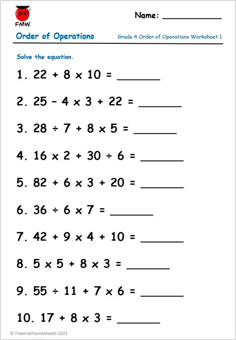 Printable Math Worksheets Order Of Operations