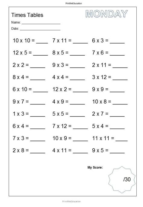 Printable Mixed Times Tables Worksheets 1 12