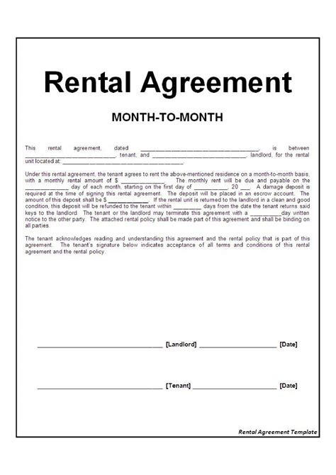 Printable Month To Month Rental Agreement Form