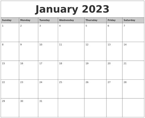 Printable Monthly Calendar January 2023