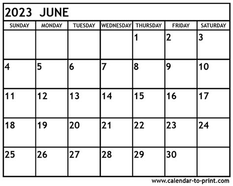 Printable Monthly Calendar June 2023