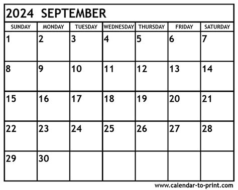 Printable September 2024 Calendar Classic Blank Sheet