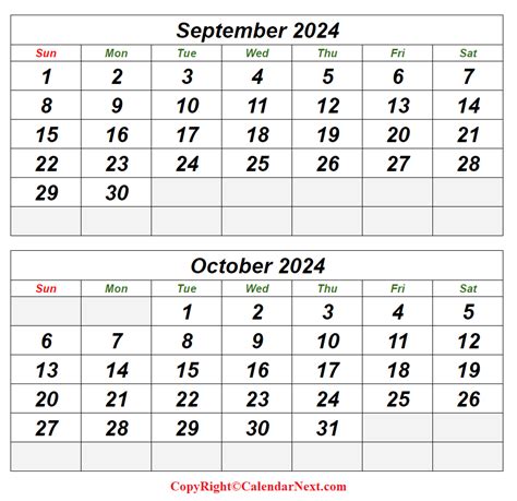 Printable Monthly Calendar September And October 2024