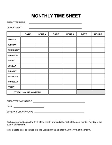 Printable Monthly Timesheet