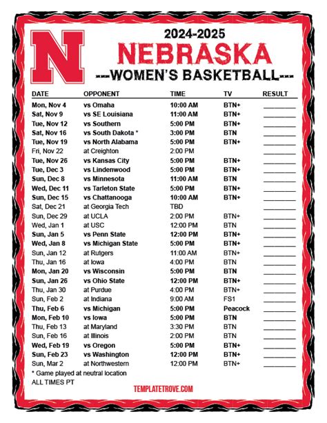 Printable Nebraska Womens Basketball Schedule