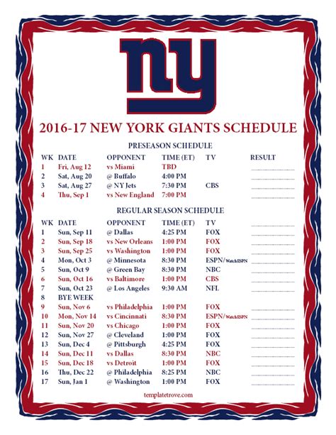 Printable New York Giants Schedule