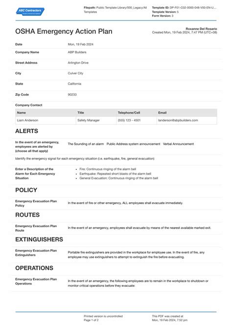 Printable Osha Emergency Action Plan Template