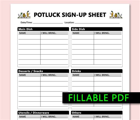 Printable Office Potluck Potluck Signup Sheet