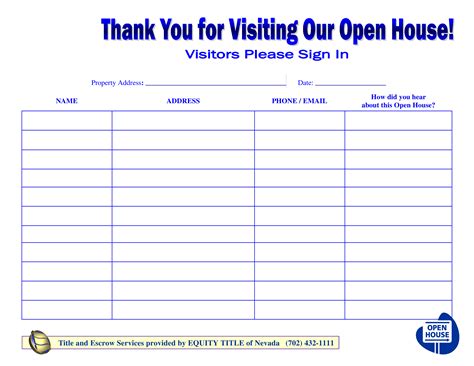 Printable Open House Sign In Sheet Template