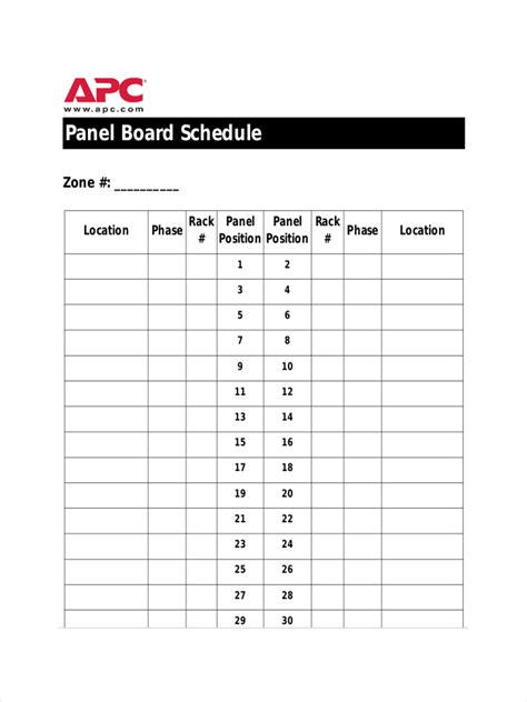 Printable Panel Schedule Template