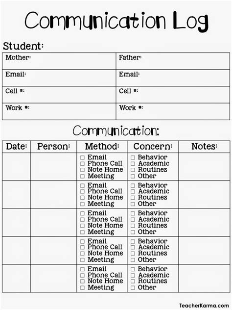 Printable Parent Teacher Communication Log Template