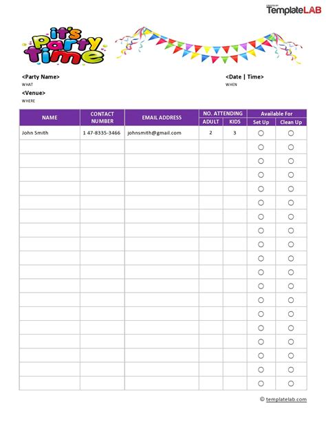 Printable Party Sign Up Sheet