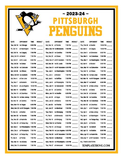 Printable Penguins Schedule 2023 24