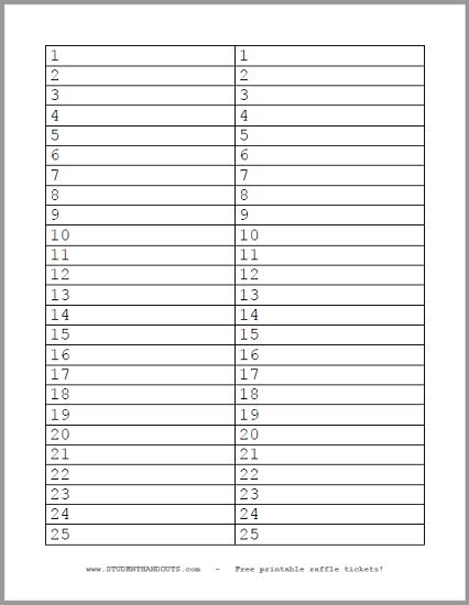 Printable Raffle Sheet Template 1-100