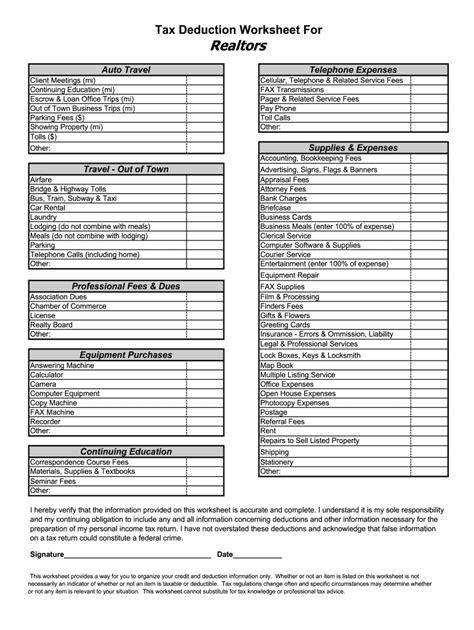 Printable Real Estate Agent Tax Deductions Worksheet