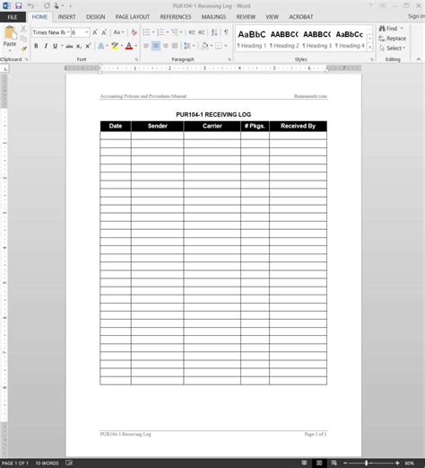 Printable Receiving Log Template Excel