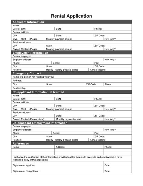 Printable Rental Application Form