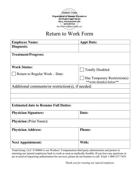 Printable Return To Work Form Pdf