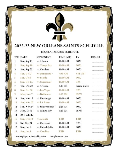 Printable Saints Schedule