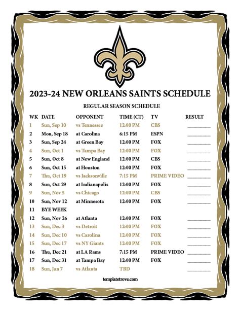 Printable Saints Schedule 2023