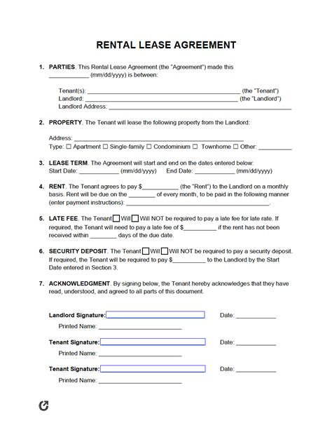 Printable Sample Residential Lease Form Lease Agreement Landlord, Room