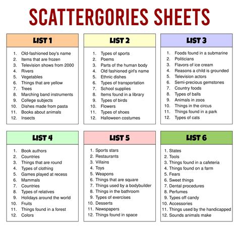 Printable Scattergories Cards